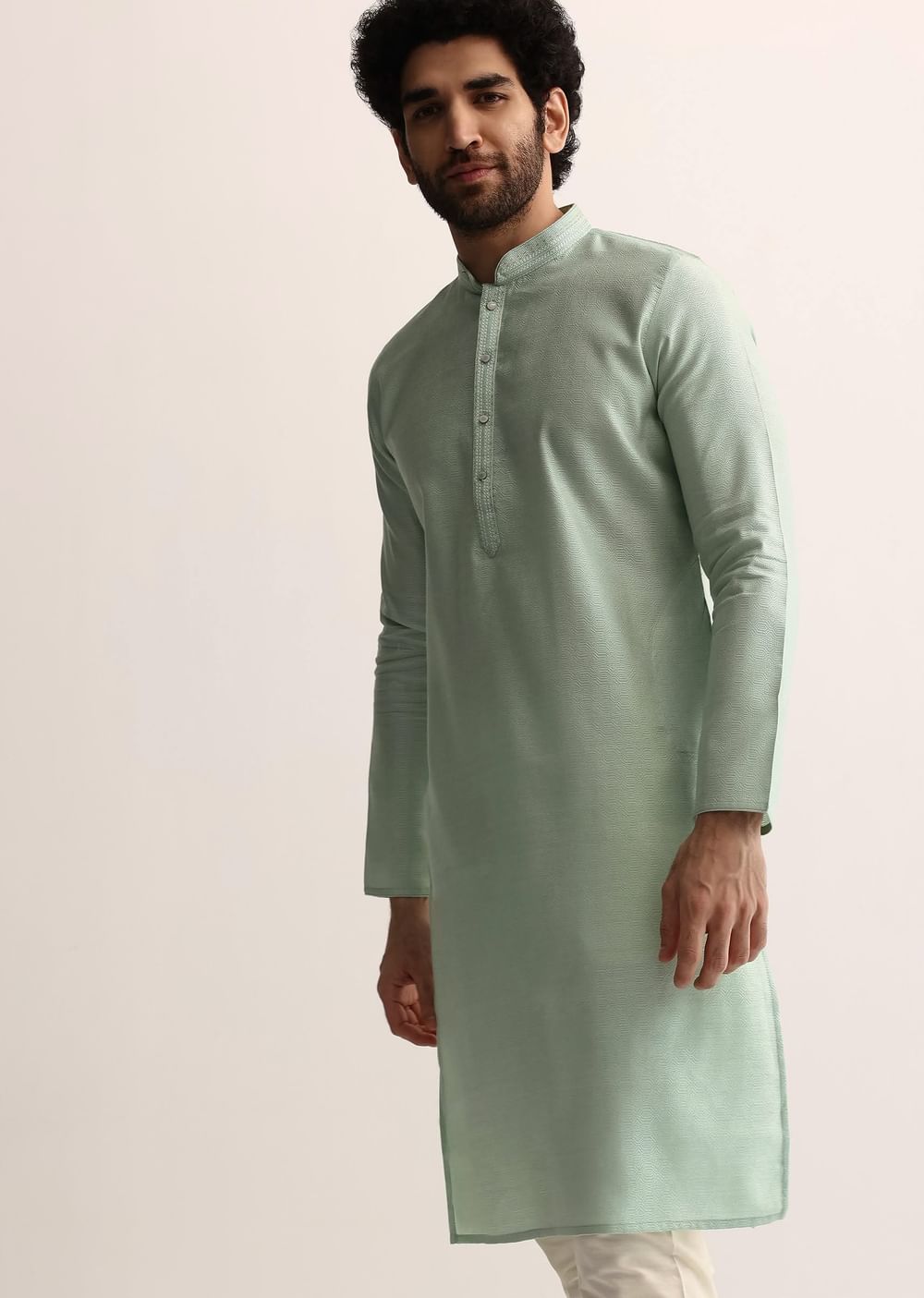 Pista Green Silk Self Work Kurta Set For Men