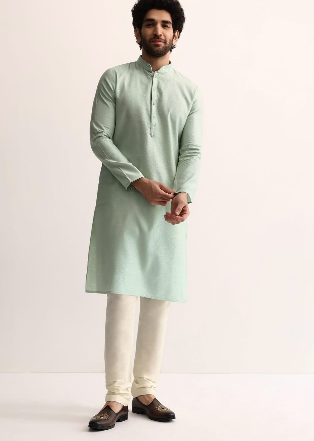 Pista Green Silk Self Work Kurta Set For Men