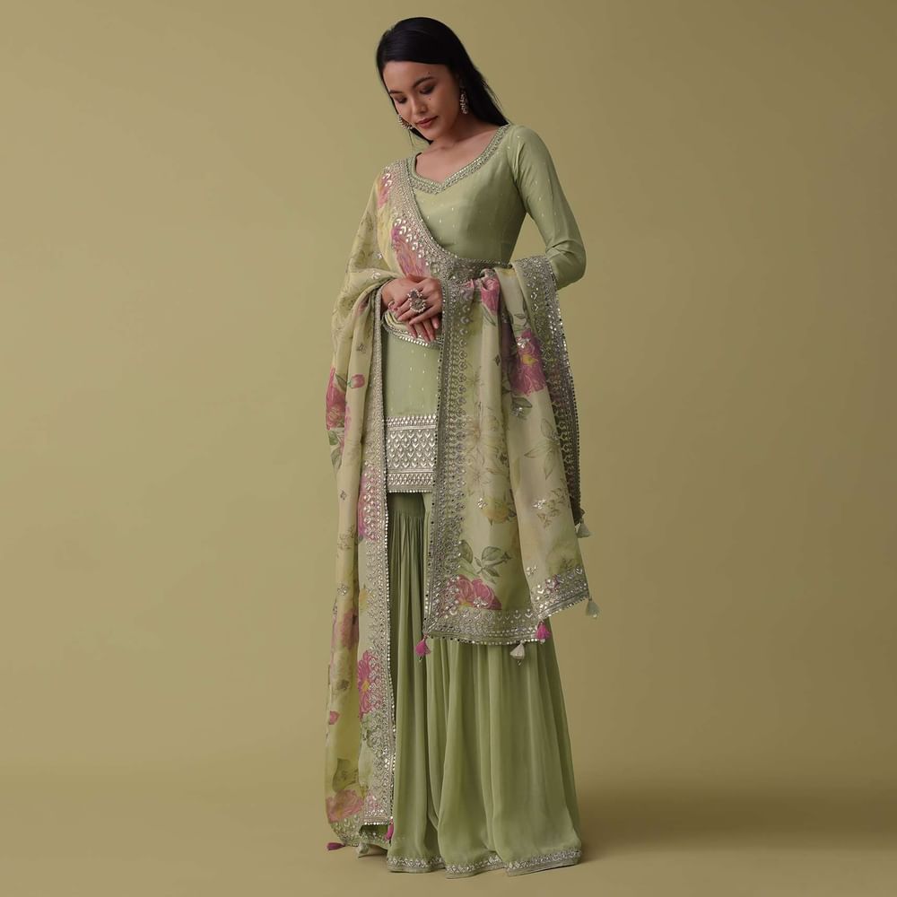Pista Green Silk Sharara Suit Set Adorned In Gota And Abla Work