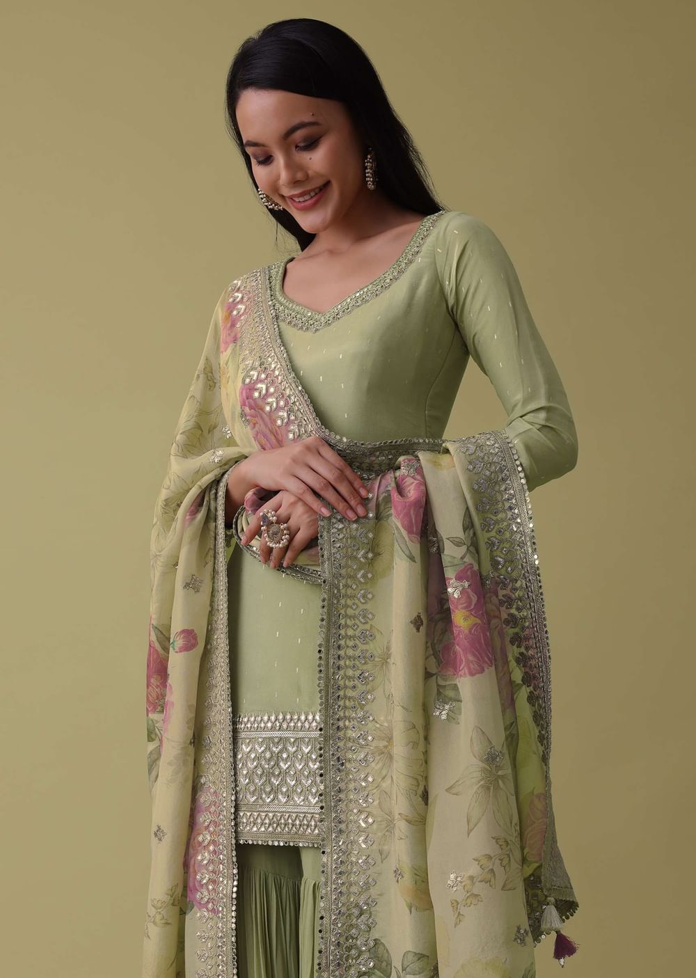 Pista Green Silk Sharara Suit Set Adorned In Gota And Abla Work