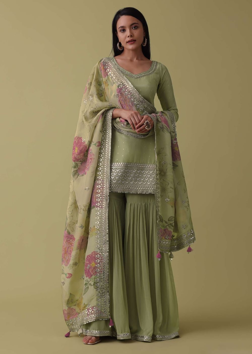 Pista Green Silk Sharara Suit Set Adorned In Gota And Abla Work