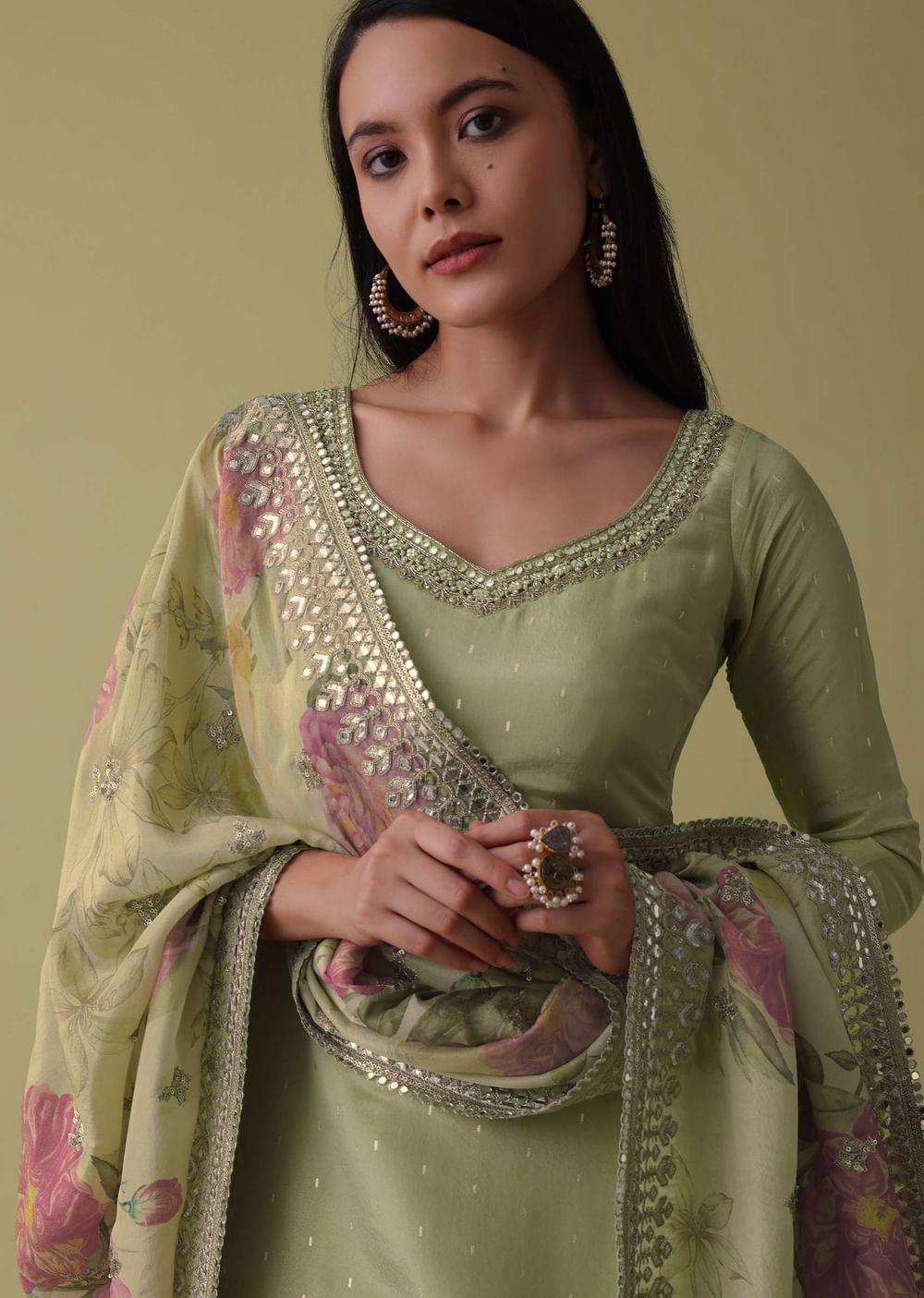 Pista Green Silk Sharara Suit Set Adorned In Gota And Abla Work