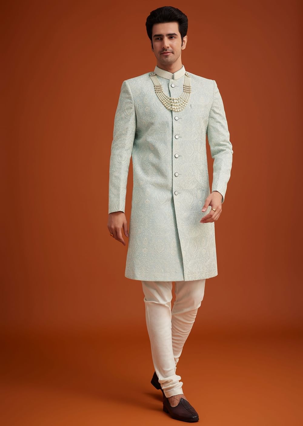 Pista Green Silk Sherwani Set With Bead Work