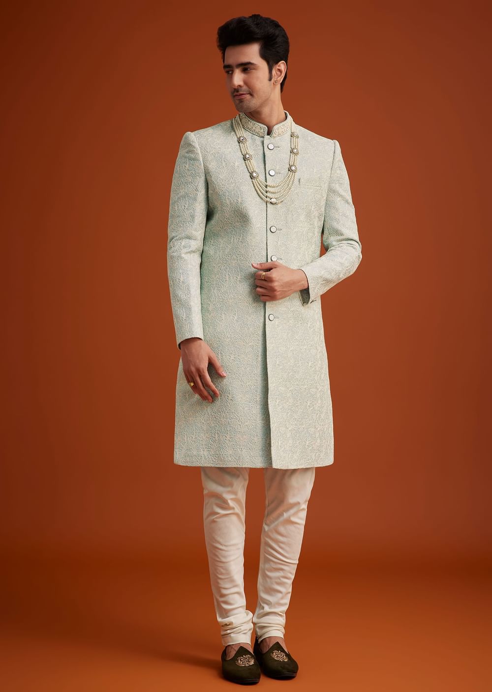Pista Green Silk Sherwani Set With Beads Embroidery On Collar