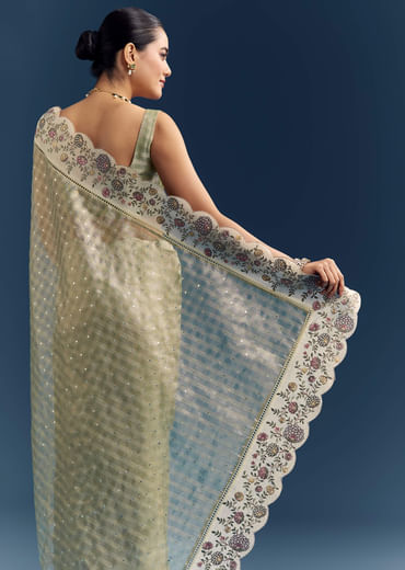 Pista Green Tissue Organza Woven Saree With Heavy Hand Embroidery