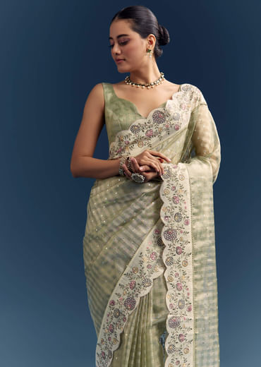 Pista Green Tissue Organza Woven Saree With Heavy Hand Embroidery