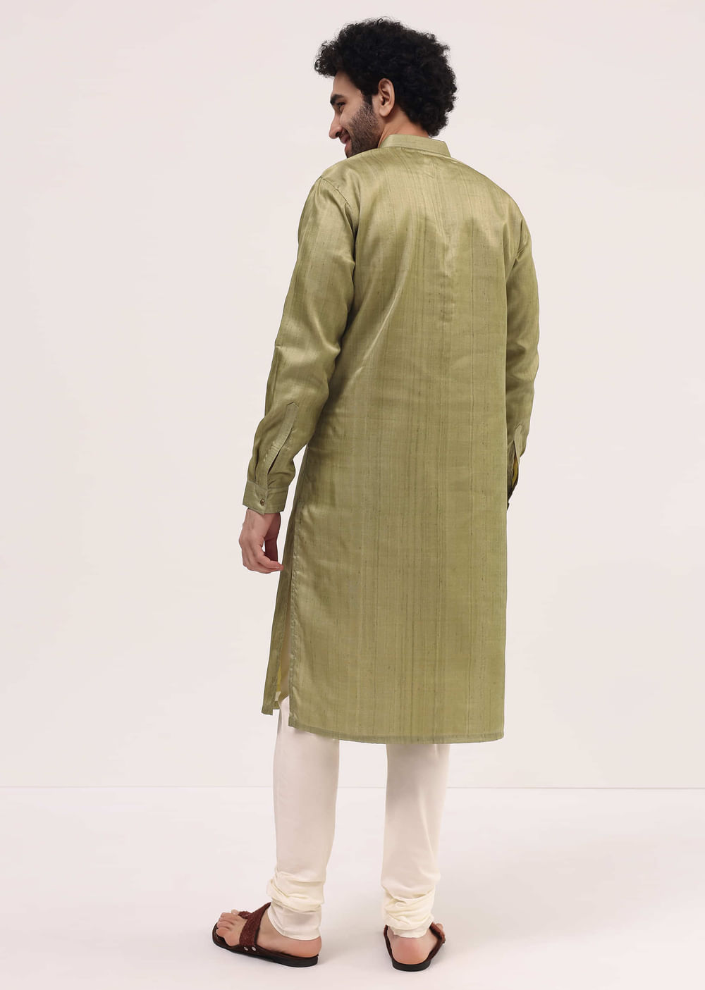 Pista Green Tussar Kurta Pyjama For Men