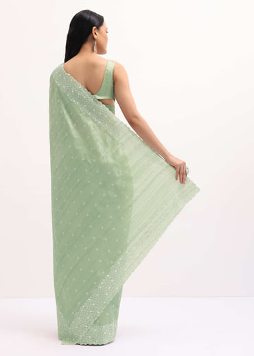 Pista Green Tussar Saree With Unstitched Blouse