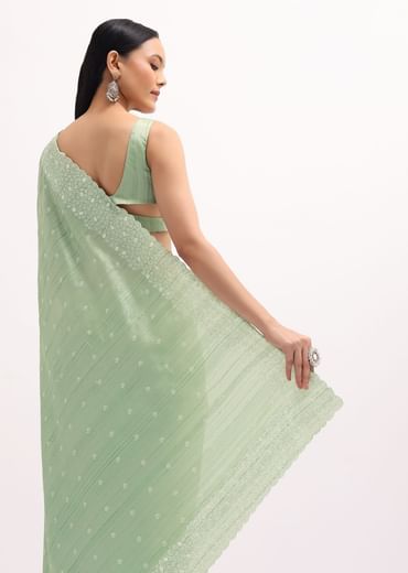 Pista Green Tussar Saree With Unstitched Blouse