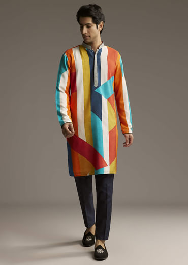 Poppy Multicolour Silk Kurta Set For Men With Print