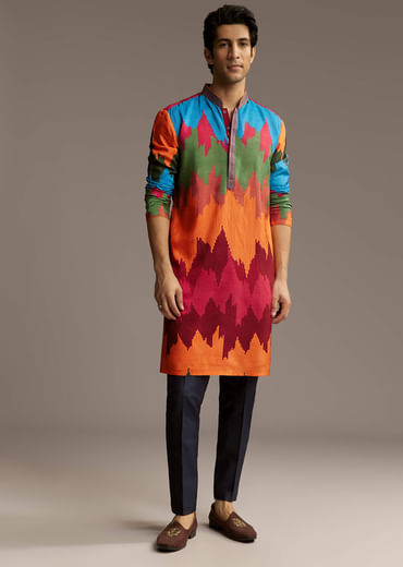 Poppy Multicolour Silk Kurta Set For Men With Vibrant Zigzag Print