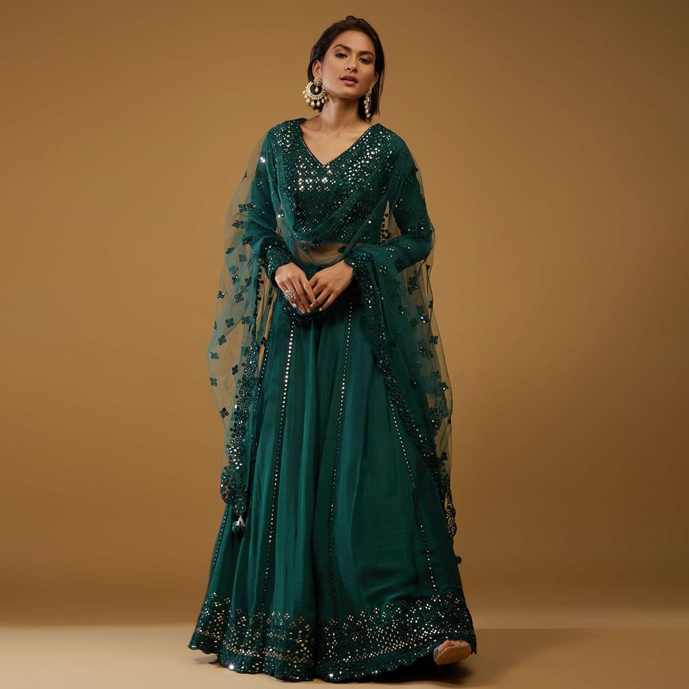 Emerald Green Lehenga Choli With Mirror Embroidery