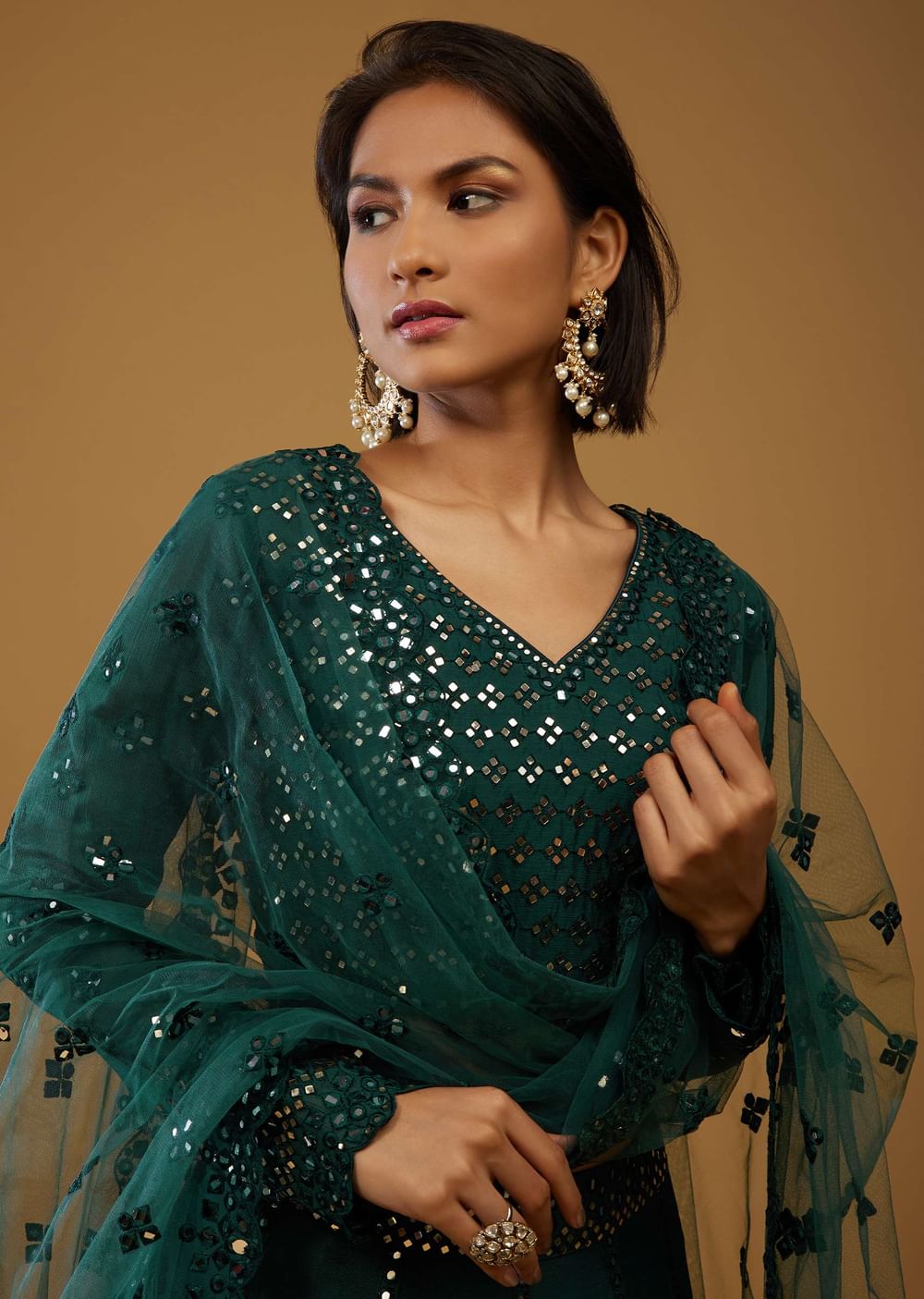 Emerald Green Lehenga Choli With Mirror Embroidery