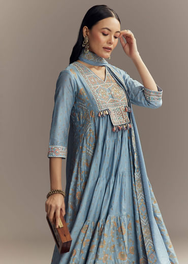 Powder Blue Chanderi Printed Anarkali Suit With Resham Work