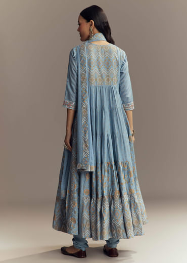 Powder Blue Chanderi Printed Anarkali Suit With Resham Work
