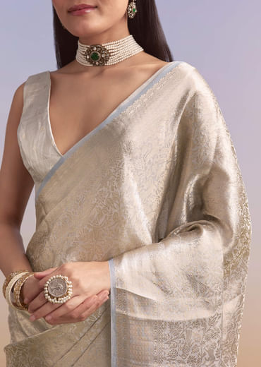Powder Blue Chanderi Silk Woven Saree With Zari Embroidery