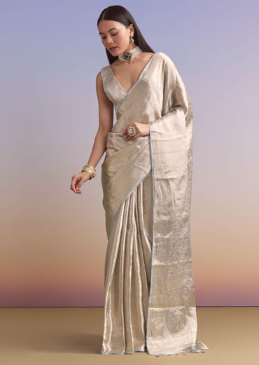 Powder Blue Chanderi Silk Woven Saree With Zari Embroidery