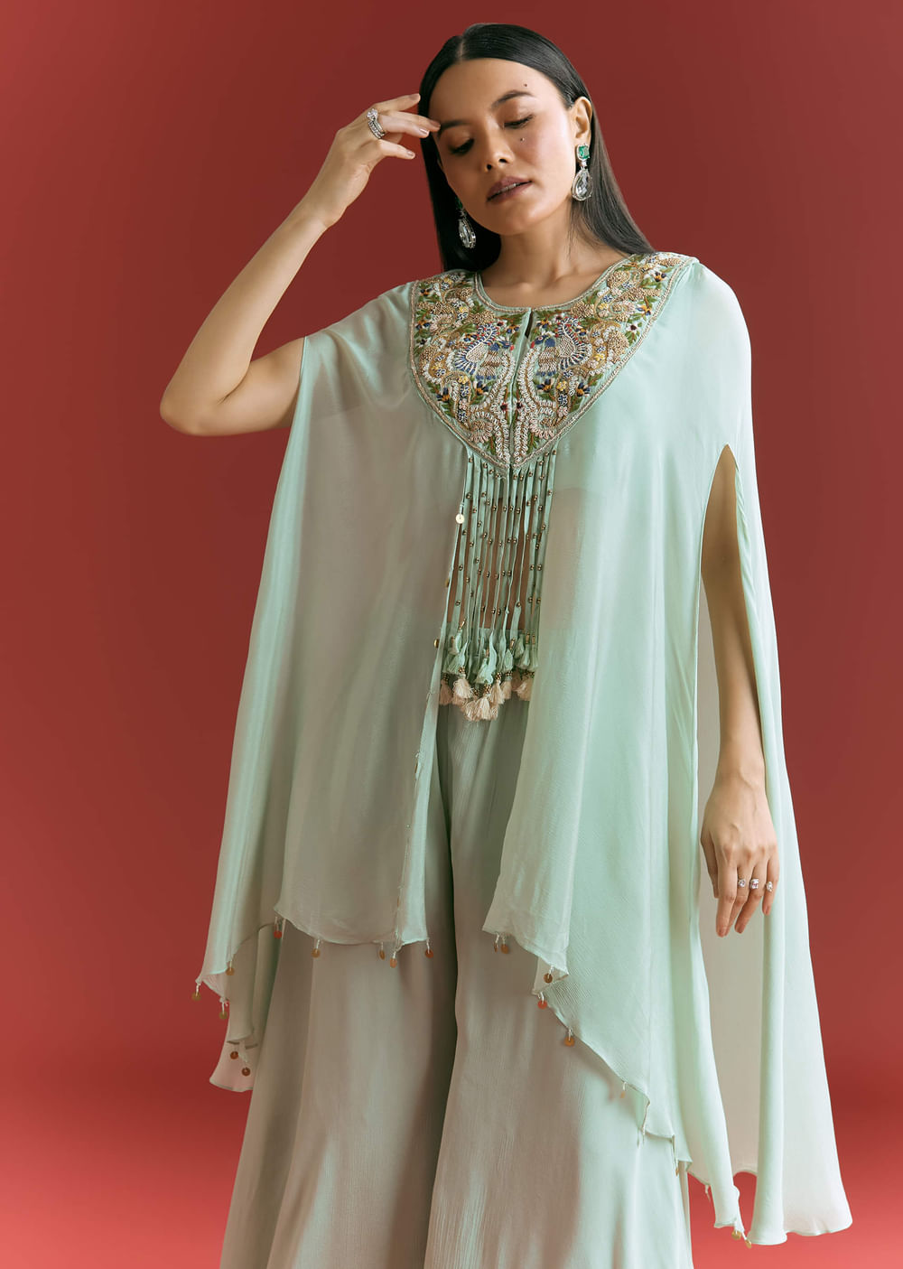 Powder Blue Chinon Cape Suit With Zardosi Thread And Moti Work