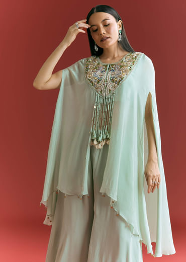 Powder Blue Chinon Cape Suit With Zardosi Thread And Moti Work Powder Blue Chinon Cape Suit With Zardosi Thread And Moti Work