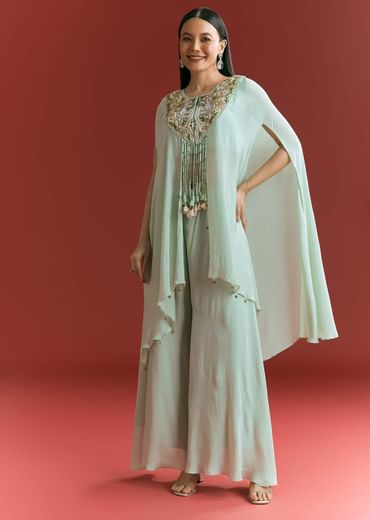 Powder Blue Chinon Cape Suit With Zardosi Thread And Moti Work Powder Blue Chinon Cape Suit With Zardosi Thread And Moti Work