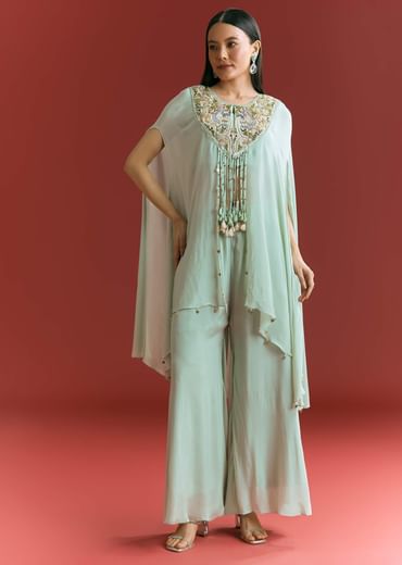 Powder Blue Chinon Cape Suit With Zardosi Thread And Moti Work Powder Blue Chinon Cape Suit With Zardosi Thread And Moti Work