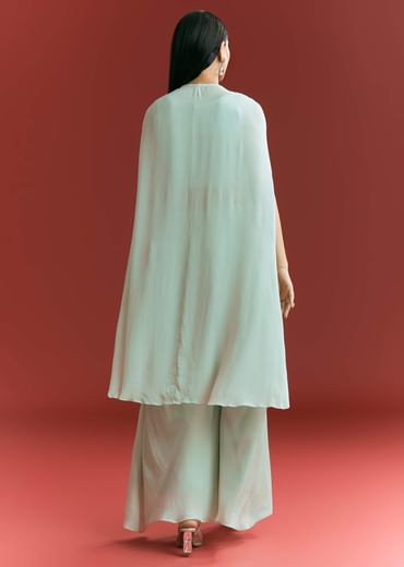 Powder Blue Chinon Cape Suit With Zardosi Thread And Moti Work Powder Blue Chinon Cape Suit With Zardosi Thread And Moti Work