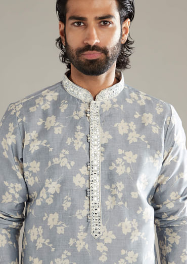 Powder Blue Kurta Set For Men With Floral Print And Mirror Work