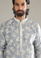 Powder Blue Kurta Set For Men With Floral Print And Mirror Work