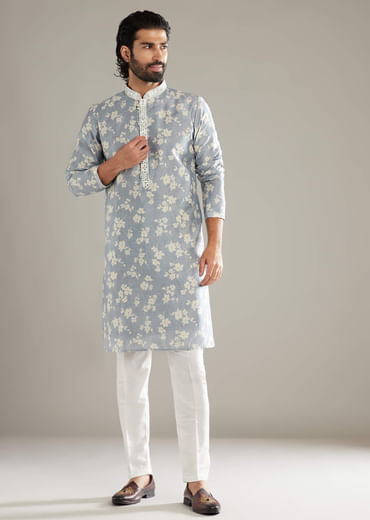 Powder Blue Kurta Set For Men With Floral Print And Mirror Work