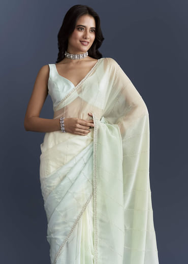 Powder Blue Organza Saree With Heavy Hand Embroidery