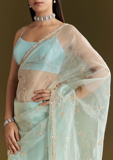 Powder Blue Tissue Embroidered Saree With Scallop Border