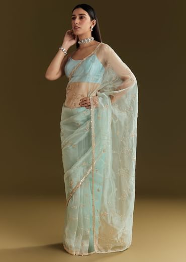 Powder Blue Tissue Embroidered Saree With Scallop Border
