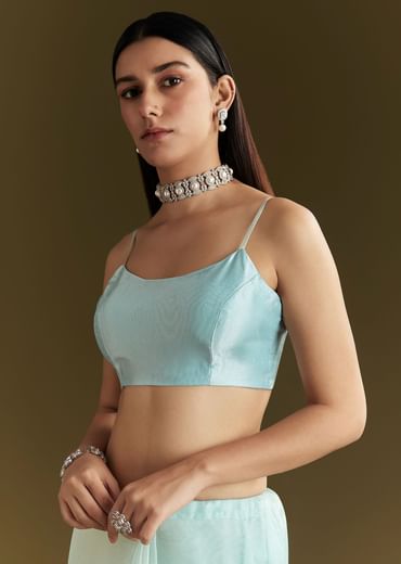 Powder Blue Tissue Embroidered Saree With Scallop Border