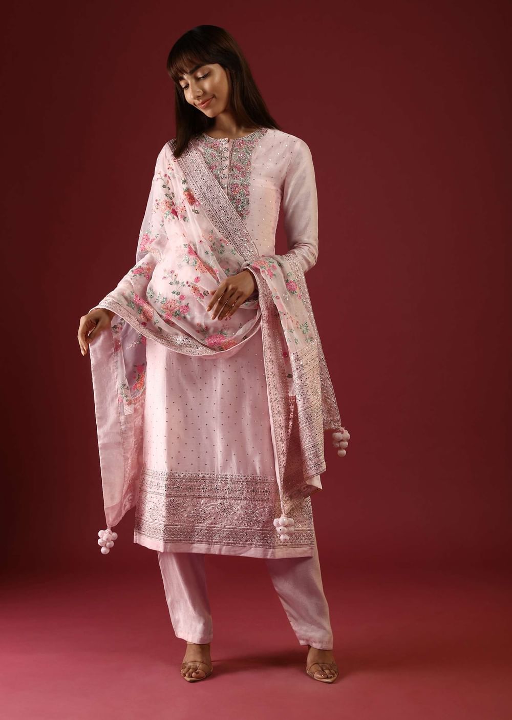 Powder Peach Straight Cut Suit With Multi Colored Thread Embroidered Floral Motifs On The Yoke And Organza Dupatta
