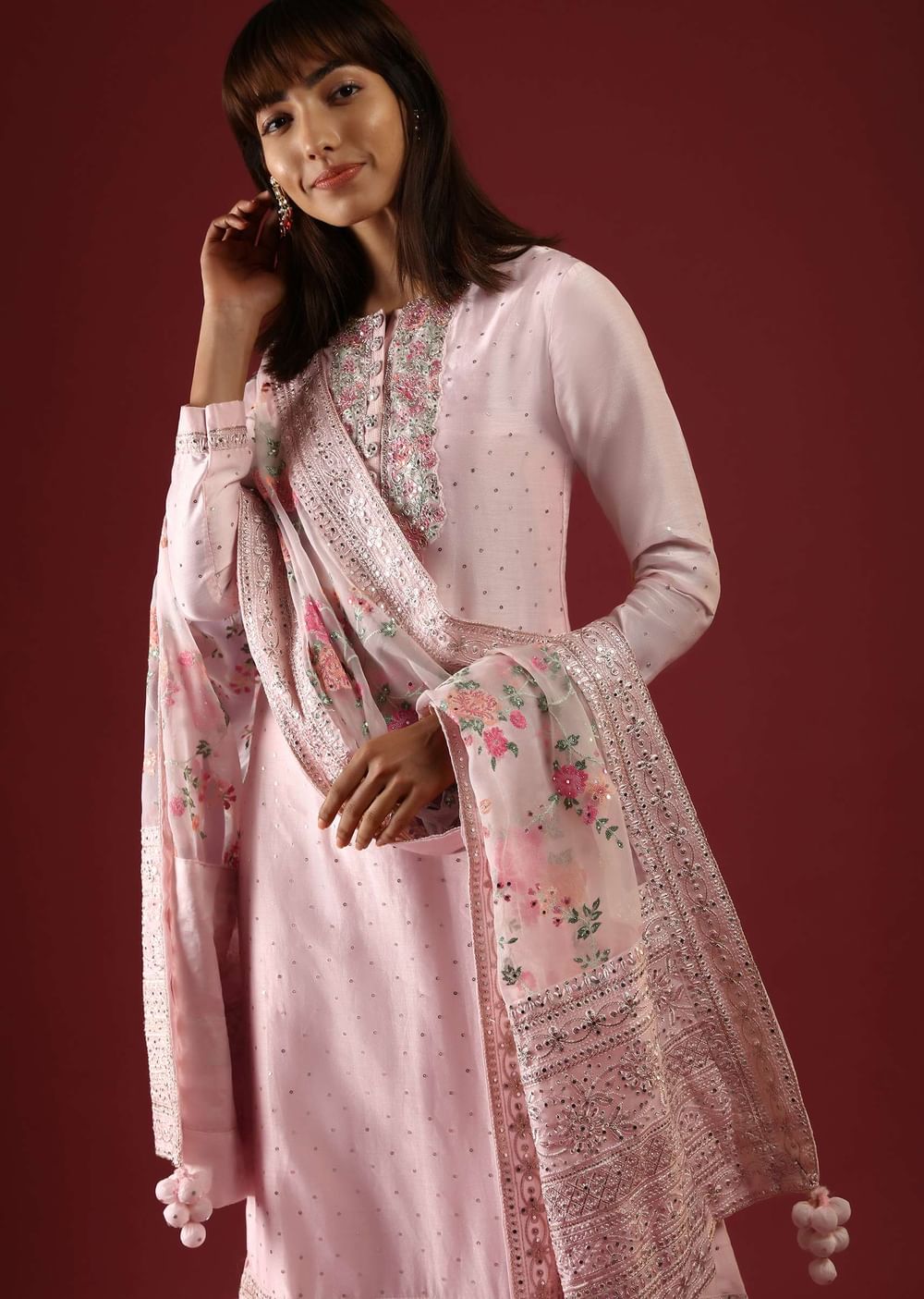 Powder Peach Straight Cut Suit With Multi Colored Thread Embroidered Floral Motifs On The Yoke And Organza Dupatta