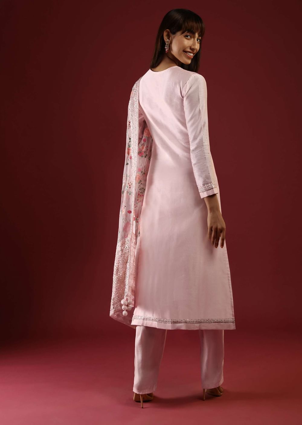 Powder Peach Straight Cut Suit With Multi Colored Thread Embroidered Floral Motifs On The Yoke And Organza Dupatta