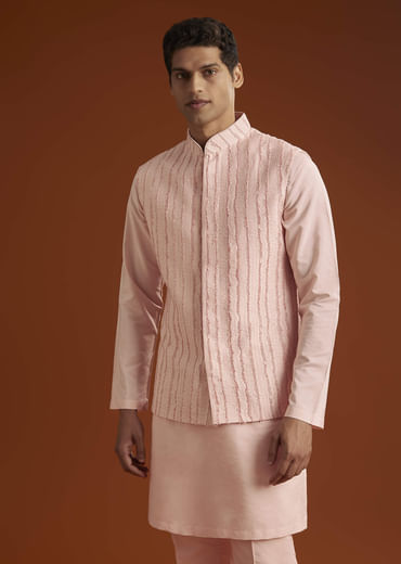 Powder Pink Kurta Jacket Set For Men With Cutdana Embroidery