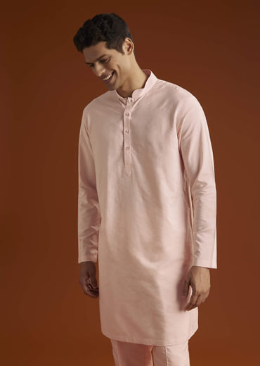 Powder Pink Kurta Jacket Set For Men With Cutdana Embroidery