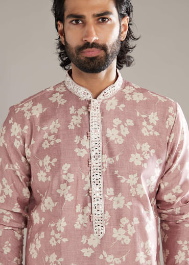 Powder Pink Kurta Set For Men With Floral Print And Mirror Work
