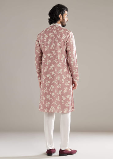 Powder Pink Kurta Set For Men With Floral Print And Mirror Work