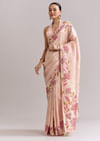 Powder Pink Satin Saree With Digital Florals And Hand Embroidery