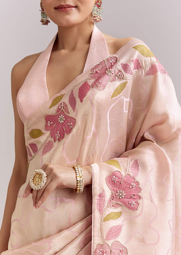 Powder Pink Satin Saree With Digital Florals And Hand Embroidery