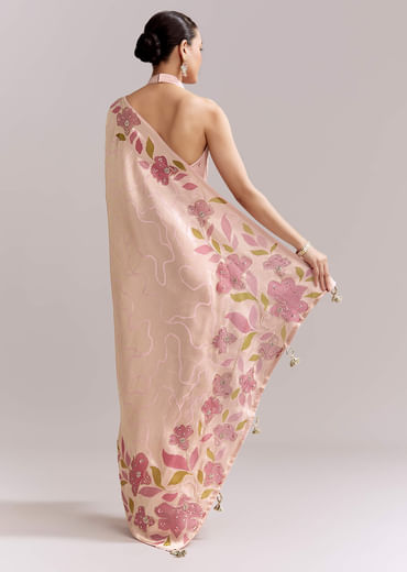 Powder Pink Satin Saree With Digital Florals And Hand Embroidery
