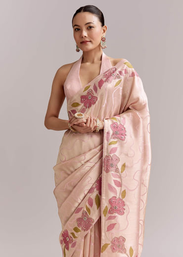 Powder Pink Satin Saree With Digital Florals And Hand Embroidery