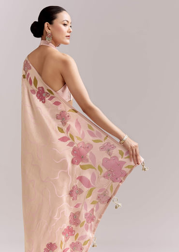 Powder Pink Satin Saree With Digital Florals And Hand Embroidery