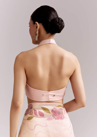 Powder Pink Satin Saree With Digital Florals And Hand Embroidery