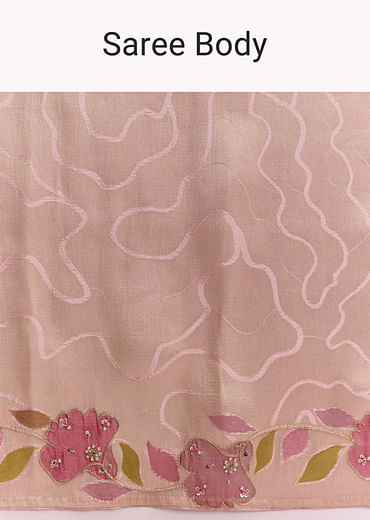 Powder Pink Satin Saree With Digital Florals And Hand Embroidery
