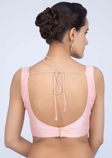 Powder Pink Blouse In Raw Silk With Sweet Heart Neck