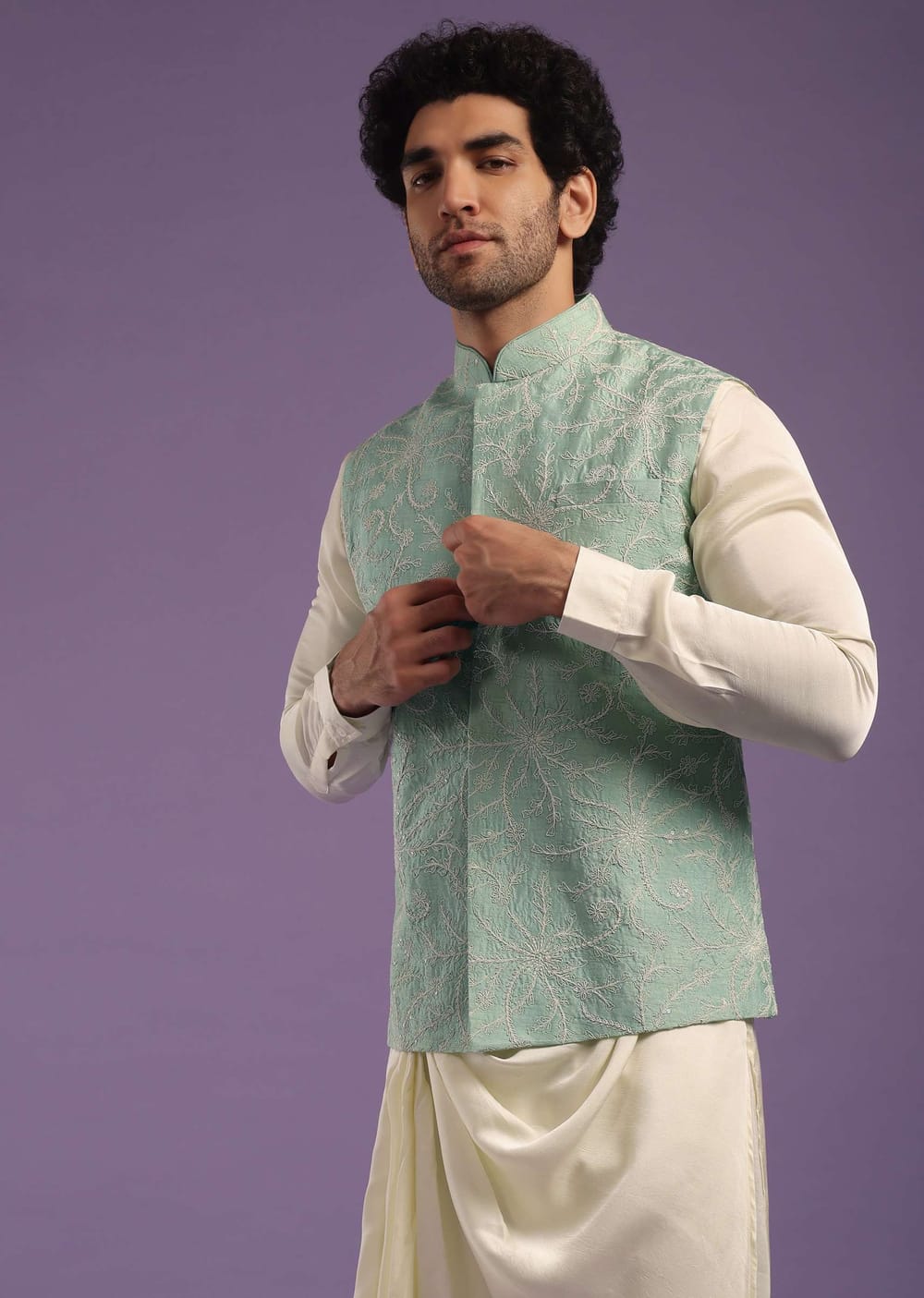 Buy Powder Blue Bandi Jacket Set In Tussar With A Cowl Pleated