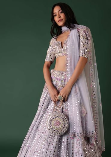 Powder Blue Embroidered Bridal Lehenga Set In Raw Silk